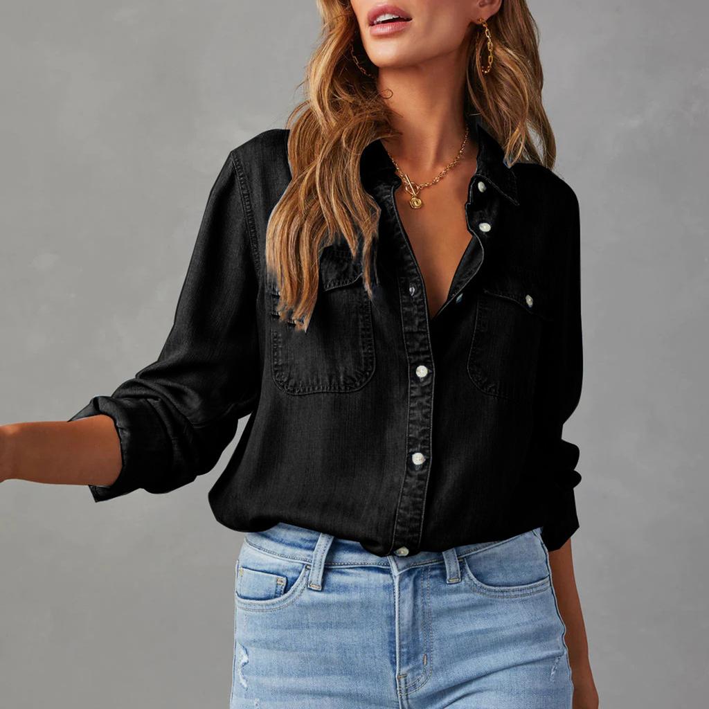 Women's Casual Long-Sleeved Denim Shirt With Pocket