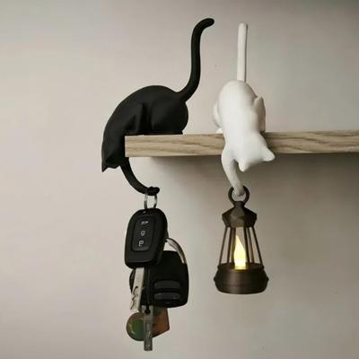 3D Printed Cat Decor Shelf Sitter with Lantern, Whimsical Figurine Hook for Handmade Style Wall Keys, Decorative Book Edge Statue, Creative