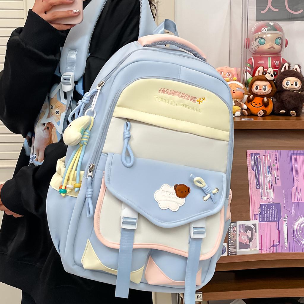 Simple Color Blocked Letter Print Student Backpack With Plush Pendant For Daily Use