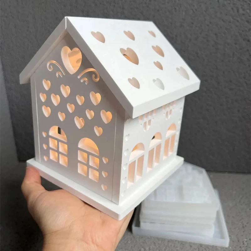 A Top Quality Love Cabin Candlestick Silicone Mold Hollow Love House Night Light Lampshade Plaster Mold Cement Candle Holder