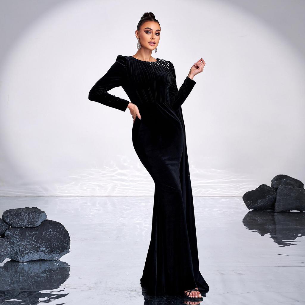 Elegant Cross-Border Round Neck Long Sleeve Evening Gown