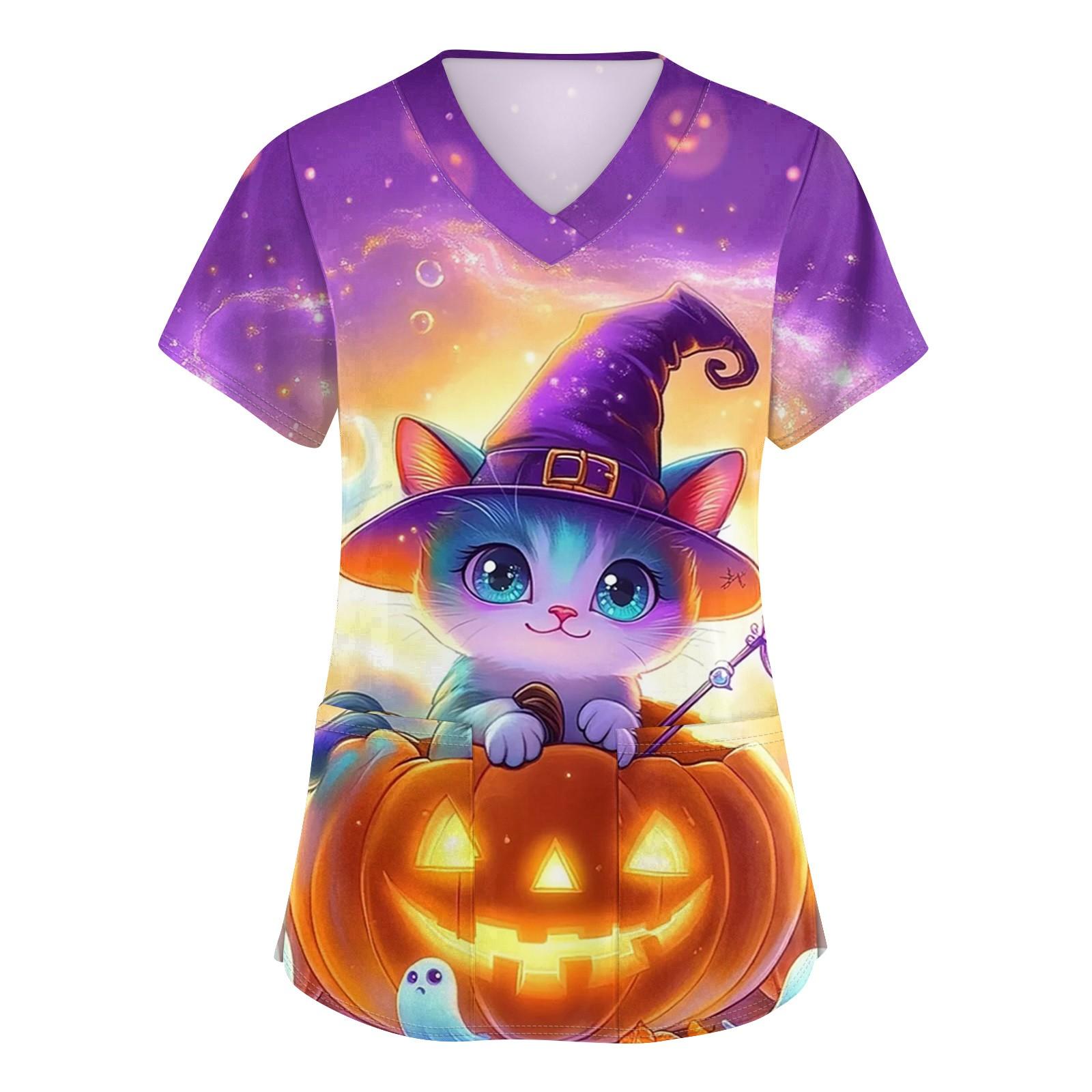 

Женский топ защитного костюма с V-образным вырезом, с короткими рукавами, с принтом на Хэллоуин, с карманом и боковыми разрезами XXXXL