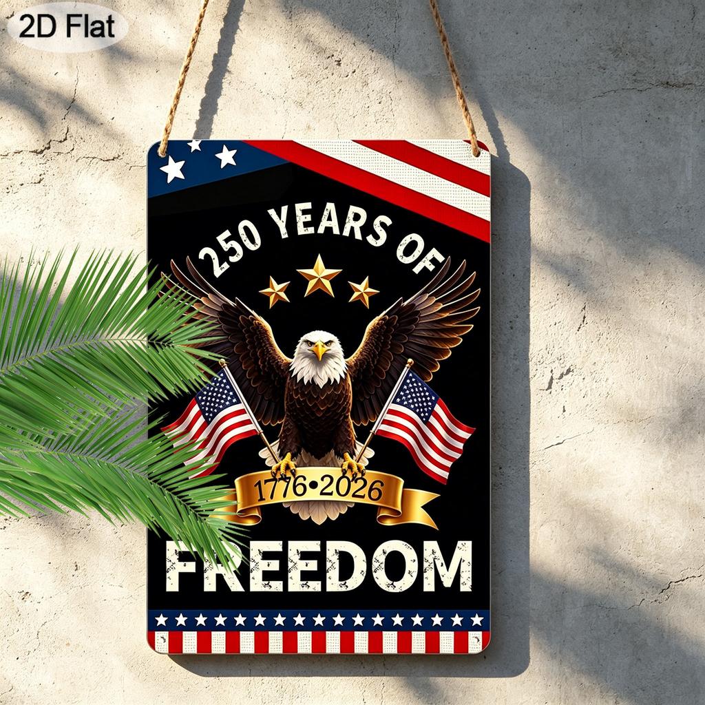 2D Flat 1pc Decorative 8*12 Inch Plaque Aluminium Metal Sign: USA 250 Years of Freedom Retro Art with Bald Eagle, US Flag & 1776-2026 Patriotic