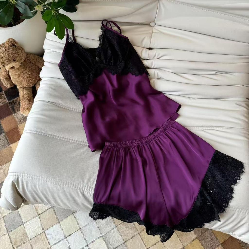 Ice silk pajamas women's summer girl pure desire suspender shorts loungewear set pajamas women's purple sexy loungewear