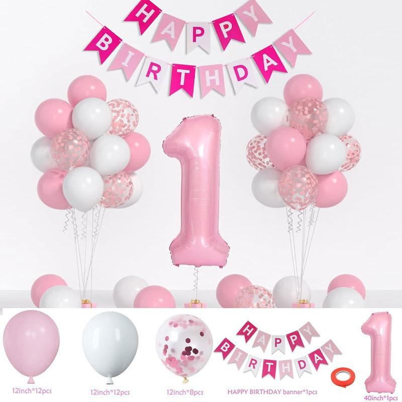 Happy Birthday Letter Flag, Baby Hundred Days Banquet, Children S First Birthday Party Decoration Balloons Digital Dovetail Flag Set - Pink