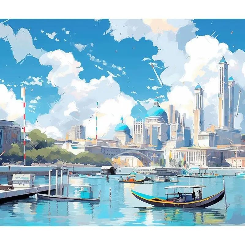 

Ruopoty по номерам DIY наборы рисунок рисунок озеро город замок пейзаж номер живопись домашний декор романтическая краска художественная работа подарок 40x50cm NO Frame