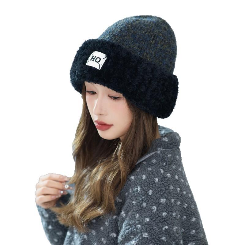 Women's Autumn and Winter Fashion Versatile Thickened Cold Proof Wool Hat Korean Style Big Head Circumference Two Color Plush Warm Hat New