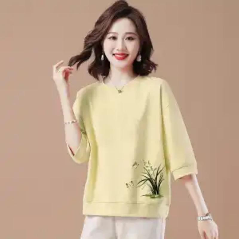 Women's Casual Floral Print Sweatshirt Half Sleeve Crew Neck Loose Pullover Top