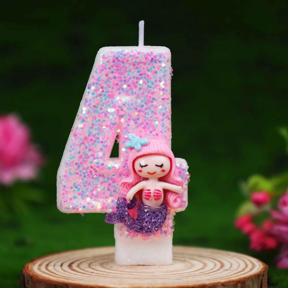 Birthday Number Candle 0-9 for Cake Decoration Children Party Supplies Baking Accessories Glitter Detail Design with Mermaid Figurine
