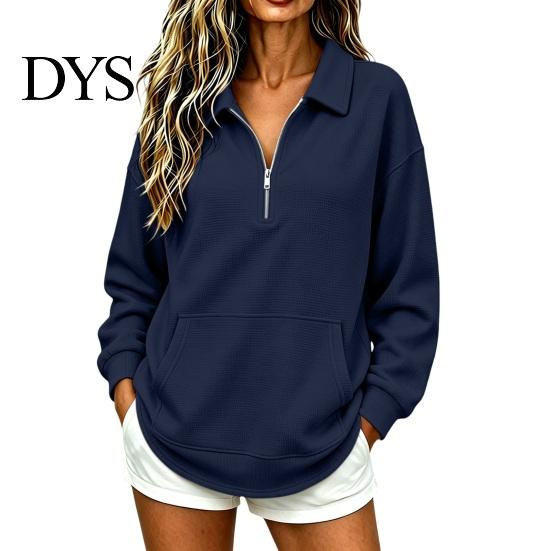 Casual Waffle Sweatshirt Women Half-zip Sweatshirt, Long Sleeve Pullover Top with Kangaroo Comfortable Pockets Pocket, Loose Fit Lapel for Fall Winter