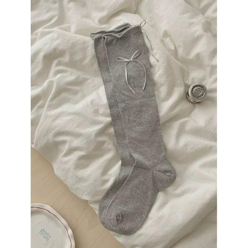Spring and Summer Plain-color Stacked Socks, Long Stockings, Ballet-style Bow Ankle Socks, Breathable Thin Women's Socks