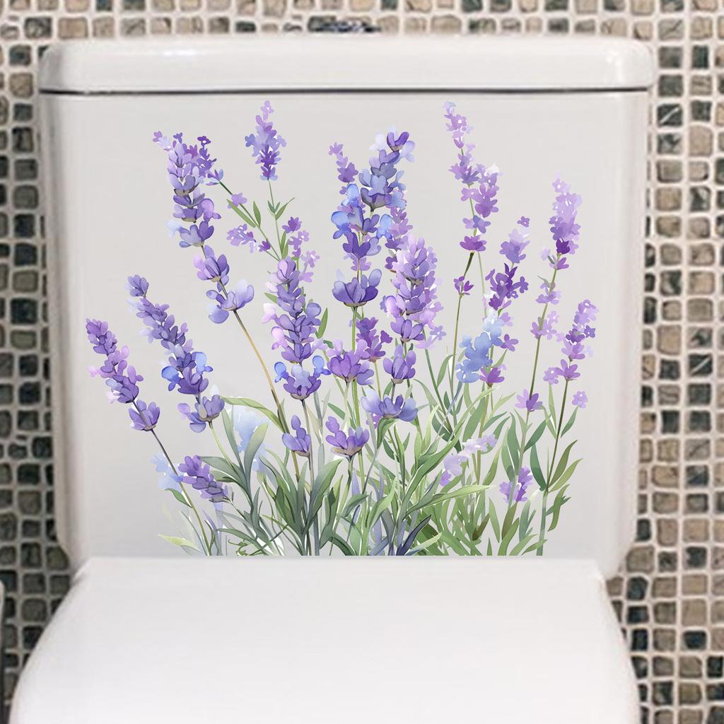 Lavender Toilet Stickers, Purple Floral Waterproof Removable Decals for Bathroom & Living Room Wall Decor
