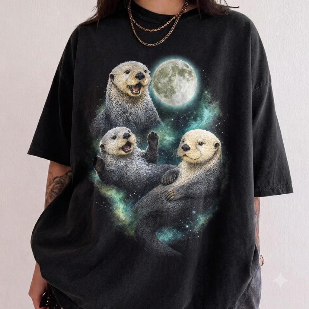 Drei Seeotter Vintage Grafik T-Shirts, Retro Otter Mond T-Shirt, Otter Liebhaber, Lustiges Süßes Grafik T-Shirt, Übergroßes Gewaschenes T-Shirt, Seltsame Shirts