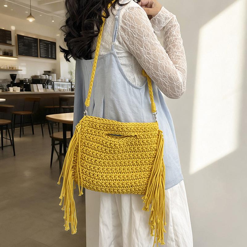 Yogodlns Knitted Tassel Bag New Summer Vacation Style Single Shoulder Diagonal Cross Woven Bag Fashionable Simple Women's Handbag
