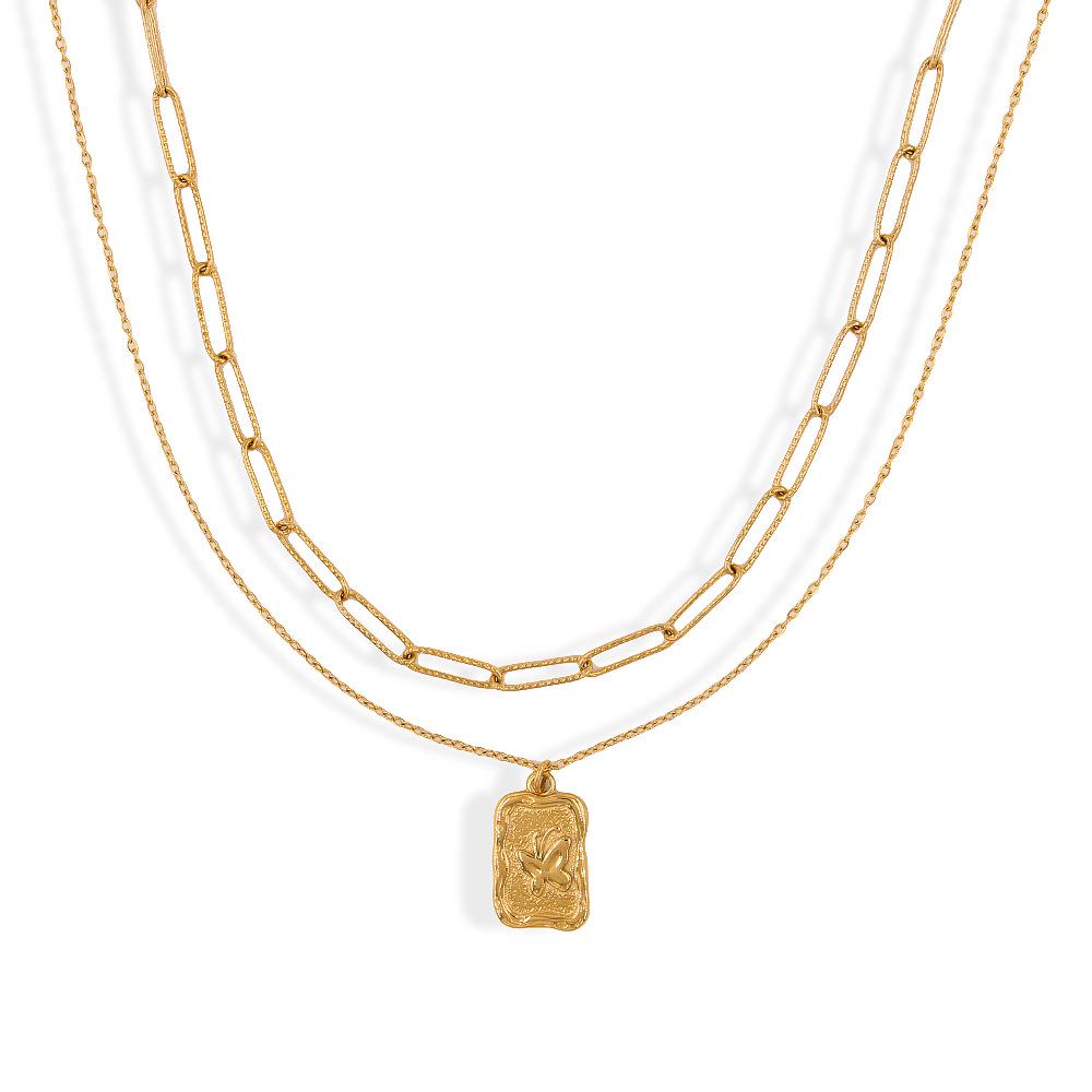 Trendy Multi-Layer Butterfly Square Pendant Necklace: Stainless Steel for Women