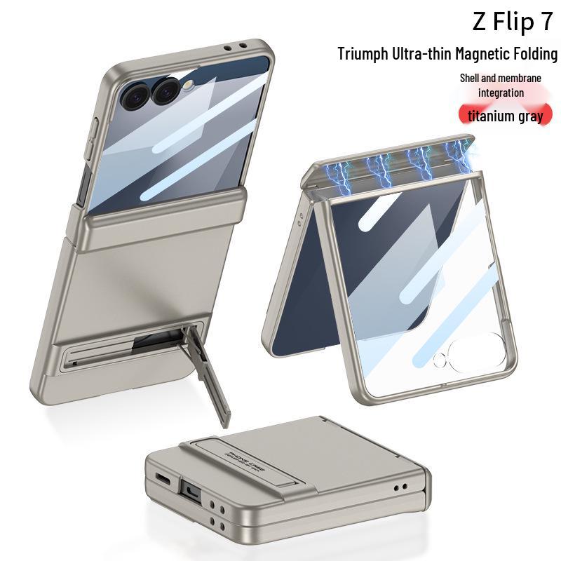 Slim Samsung Z Flip7 Case with Triumph Stand, Full Coverage, Anti-Fall, Solid Color, Hinge Protection