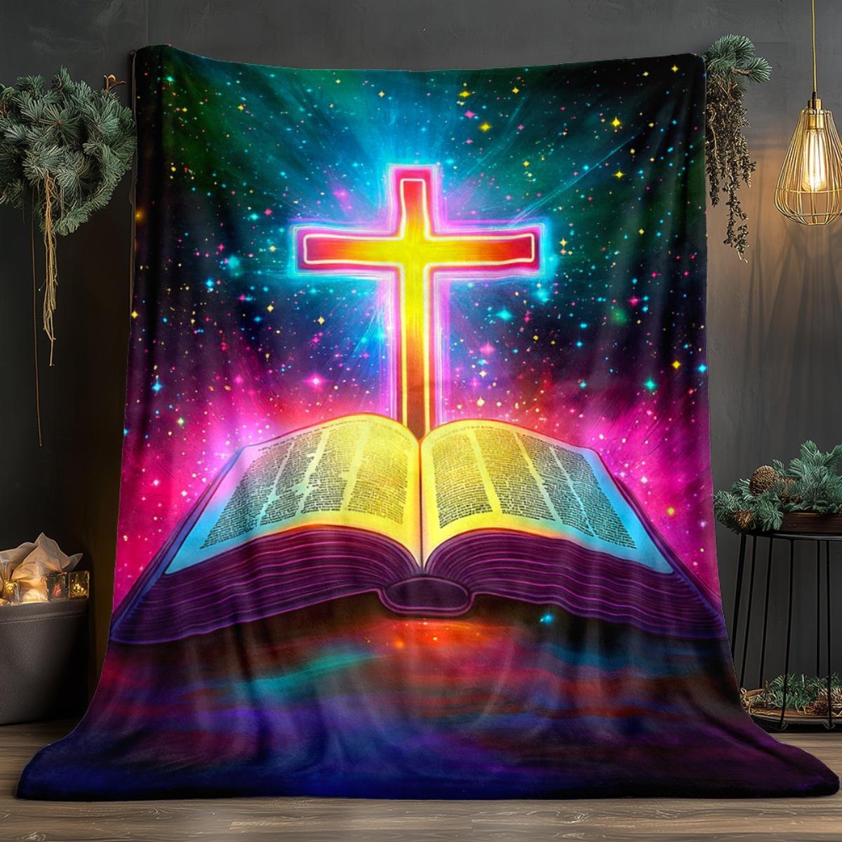 

Biblical Cross Flannel Blanket, Purple Blue Pink Gospel Design, Soft Lightweight All Season Throw, Christian Home Decor Gift 75x90cm