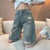 Pantaloncini Bermuda da Donna a Vita Alta Gamba Dritta Larghi Jeans Shorts di Denim Vintage Strappati Distrutti Casual