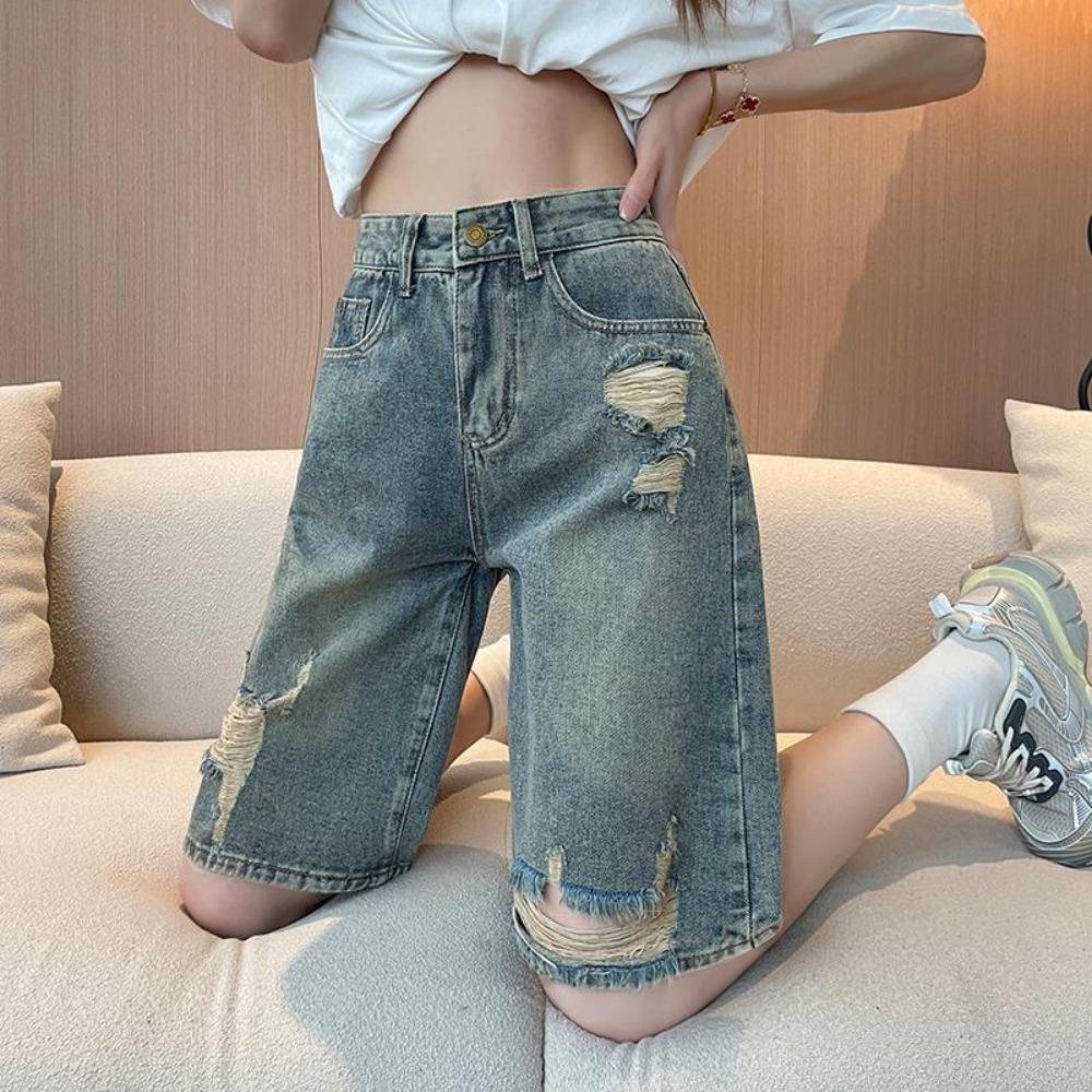 Women s High Waist Bermuda Shorts Loose Straight Leg Denim Shorts Vintage Ripped Destroyed Casual Jeans Shorts XS