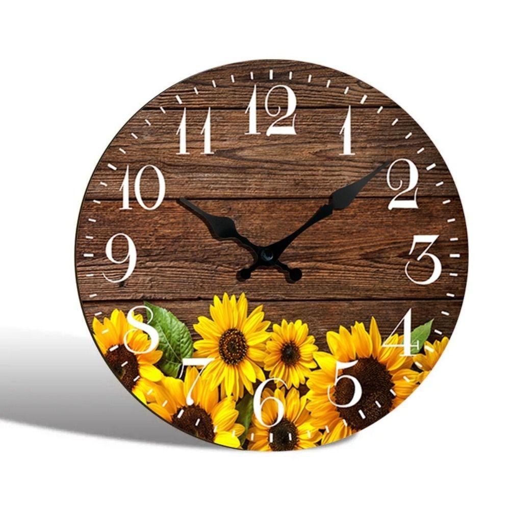 Wooden Retro Sunflower Clock Modern Round Silent Wall Clock Non-Ticking Hanging Wall Decor Clocks Bathroom