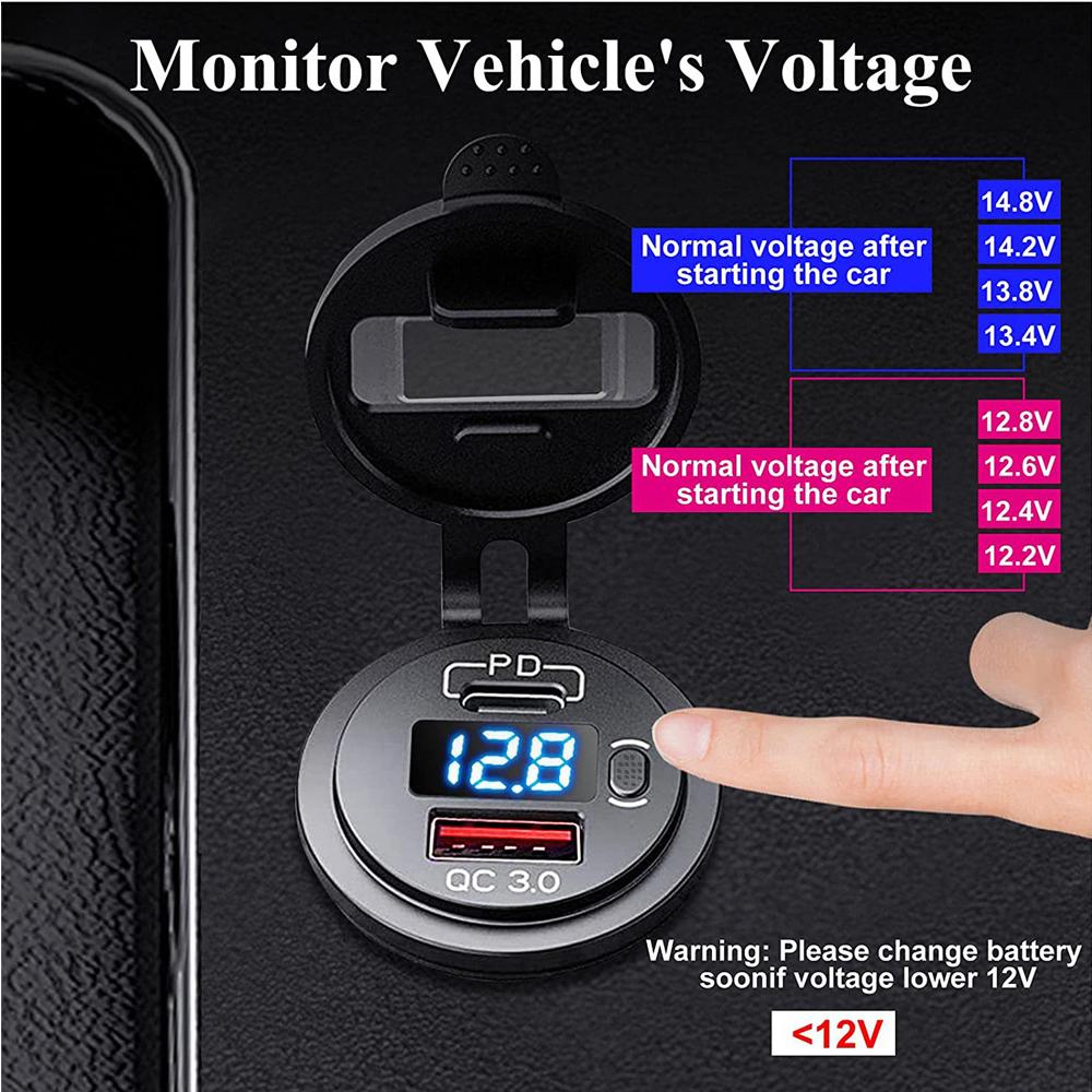 12V/24V Car Charger Socket with ON/Off Switch Voltage Display  45W PD USB QC 3.0 Fast Charger for Car Truck Boat RV Motorcycle