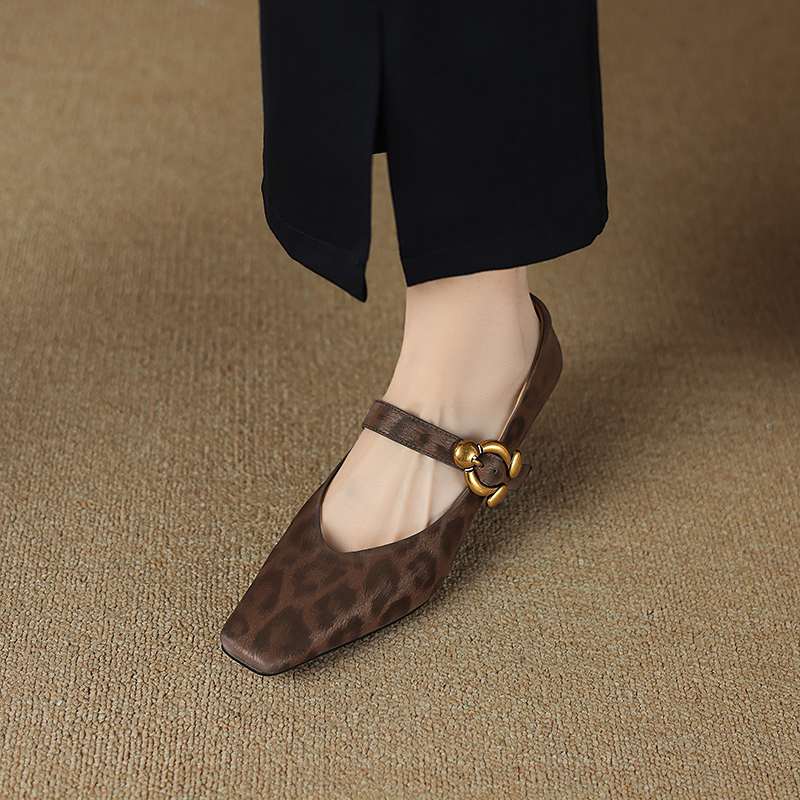 Krazing Pot Sheep Skin Summer Spring Autumn Stiletto Med Heels Leopard Women Square Toe Metal Decoration Shallow Pumps