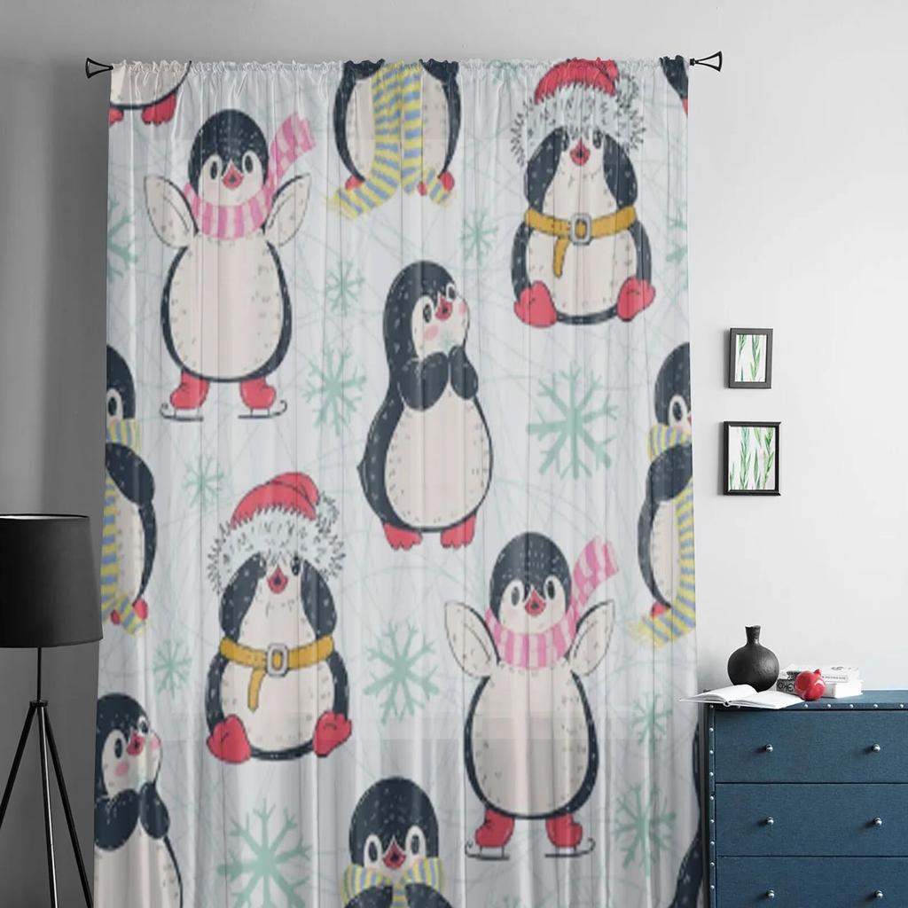Niedliche Pinguine handgezeichnete durchsichtige Vorhänge für Wohnzimmer, Kinderschlafzimmer, Tüllvorhänge, Küchenfenster, Behandlungsvorhänge