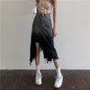 Revet Ujevn Denimskjørt for Kvinner Retro Sliss Midilengde Skjørt Høy Midje Stor Størrelse Dameklær Street Style