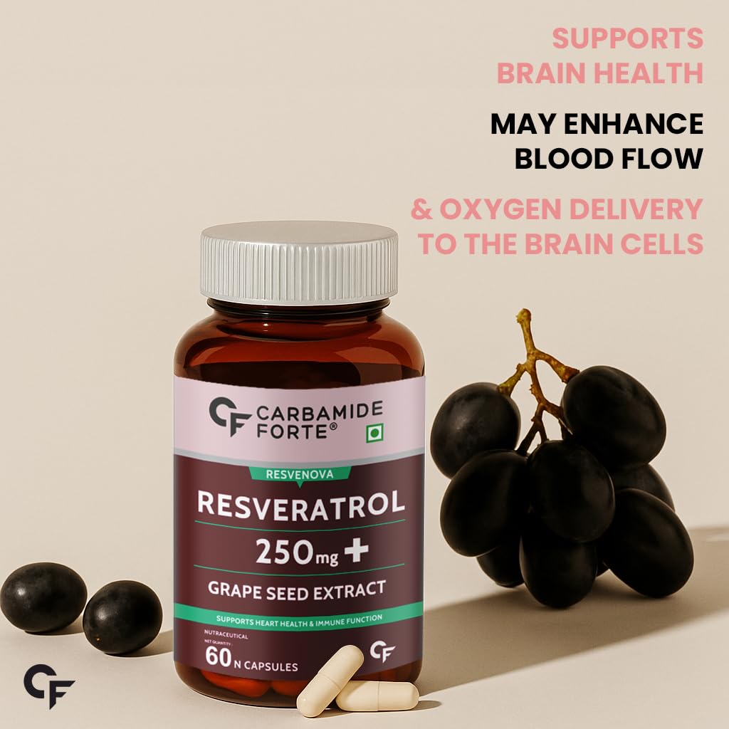 Carbamide Forte Resveratrol 250mg with Grape Seed Extract 60 Veg Capsules Pack of 1 for Heart and Cognitive Support