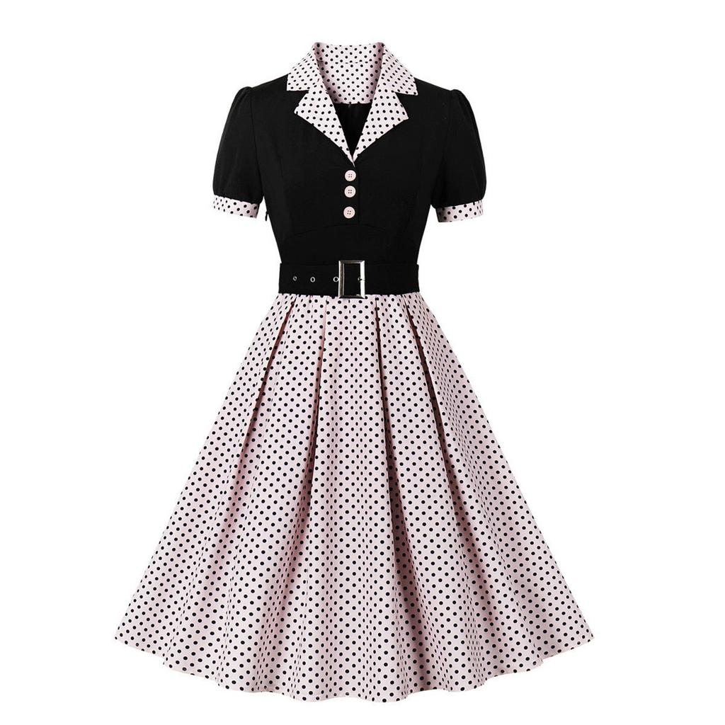 Women's Vintage Polka Dot Lapel  Short-sleeved Belt Dress