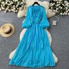 French High-end Fashionable Bead Three-dimensional Flower Lantern Sleeve Waist Pleated Dress Women's Thin Temperament Long Skirt