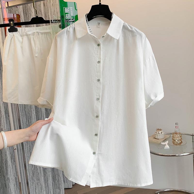 Women s French Lapel T-Shirt Set: Summer Linen Blend, Casual Loose Two-Piece. M белый
