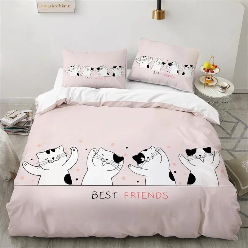 Cute Cartoon Animals Pink Toddler Funny Cat Comfortable Duvet Quilt Cover Pillowcase Bedding Set Bedroom Decoration Home Textile