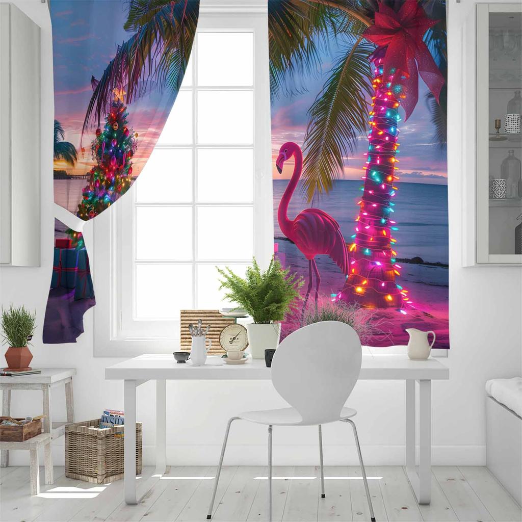 Beach Christmas Tree Colorful Flamingo Palm Tree Blackout Curtains For Living Room Bedroom Window Treatment Blinds Drapes