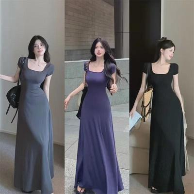 Qingxiang Huayuan Elegante Vestido Francês de Gola Quadrada, Manga Curta e Cintura Fina