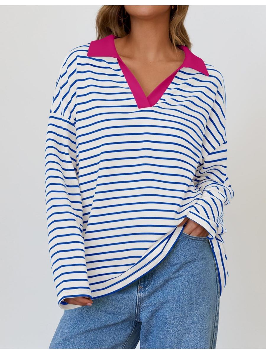 Женская осенняя полосатая футболка свободного покроя с длинными рукавами и V-образным — фото 10