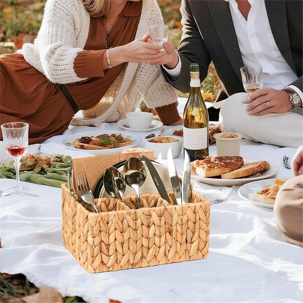 Portaposate Piatto Intrecciato a Mano in Rattan-Portaposate in Giacinto d'Acqua per Piano di Lavoro con Manico,Porta Utensili per Cucina