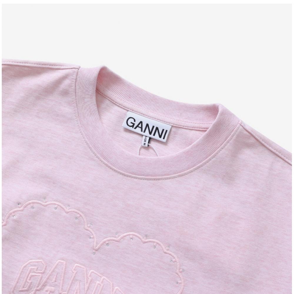 Ganni T4090 868 Heart RhineStone Logo Women S Short Sleeve Tee