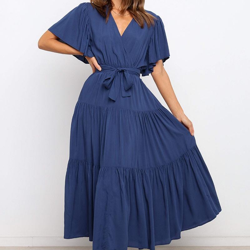 

Летнее платье QICED с V-образным вырезом, короткими рукавами, длинной юбкой и шнуровкой на талии в стиле бохо XL темно-синий