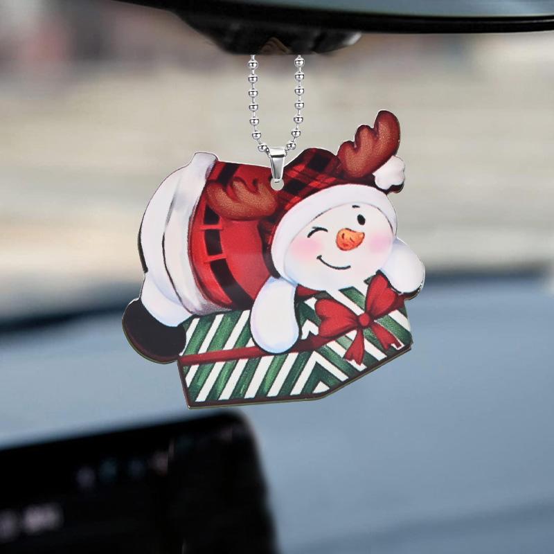 

2D акриловое зеркало автомобиля, подвесной орнамент, милый снеговик, подвеска в подарочной коробке, аксессуары для салона автомобиля, елочные украшения, подвески для домашнего декора