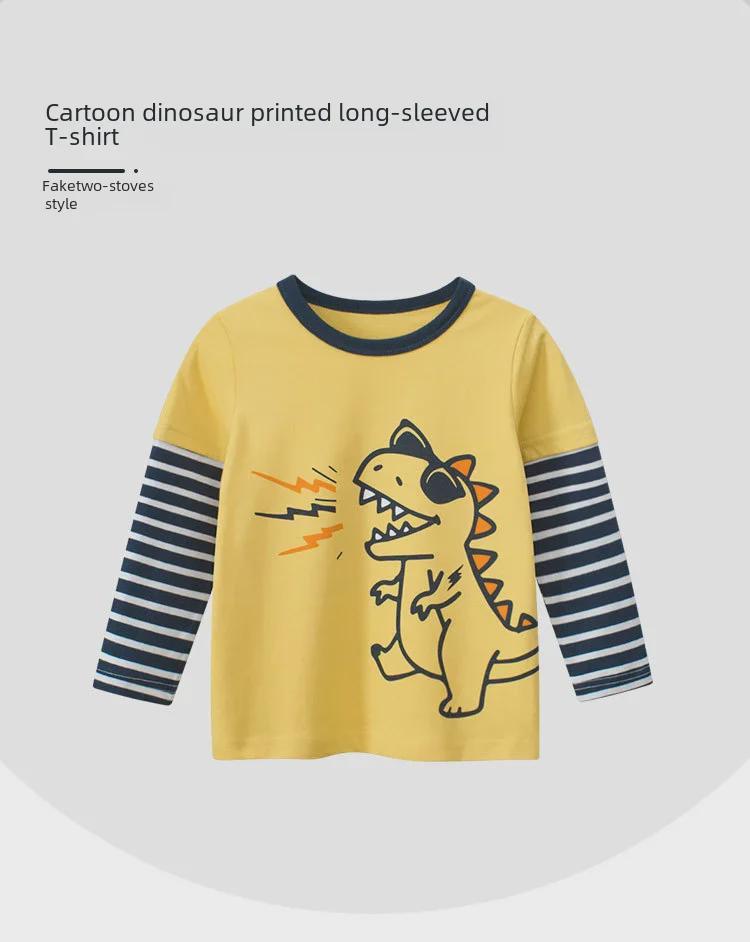 27Kids Spring 2025 Boys' Long-Sleeve Dinosaur T-Shirt with Faux Two-Piece Design