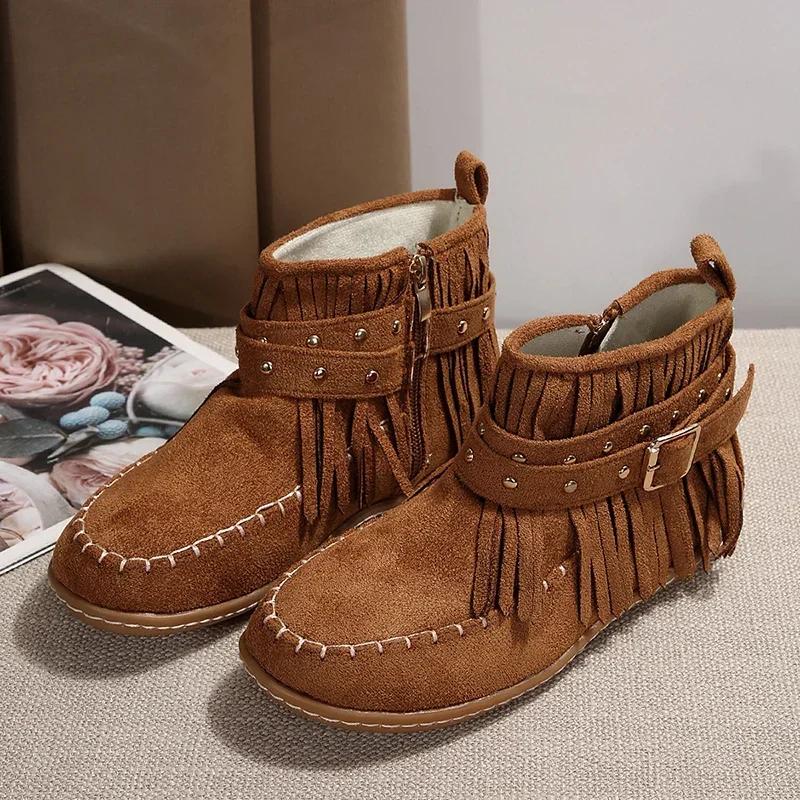 Fashion Women Winter Large Size Rivet Boots Woman Retro Ethnic Western Cowboy Boots Block Flat Heels Tassel Fringe Ankle Boots