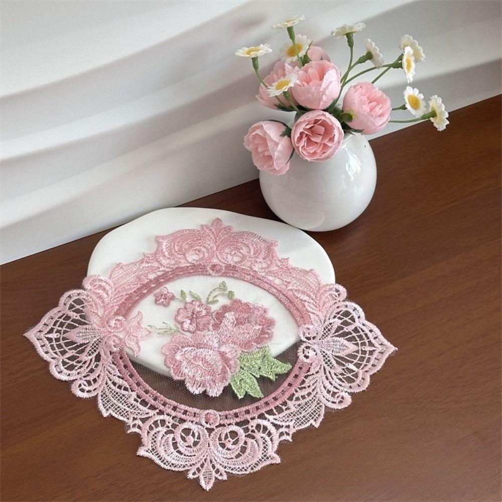 Ovaler Vintage-Spitzen-Stickerei-Untersetzer, Hitzeschutz, Foto-Requisiten, Tischdecke, Europäischer Stil, Kaffee-Getränke-Pad für Heimdekoration