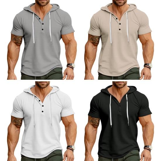 Men Top Hooded Drawstring Solid Short Sleeves Texture Pullover Waffle Color Slim Fit Casual Daily Wear Mid Length