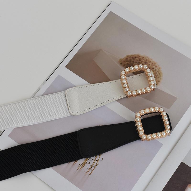 Stylish Womens Elastic Waist Belt With Pearl Decoration Perfect For Skirts And Dresses