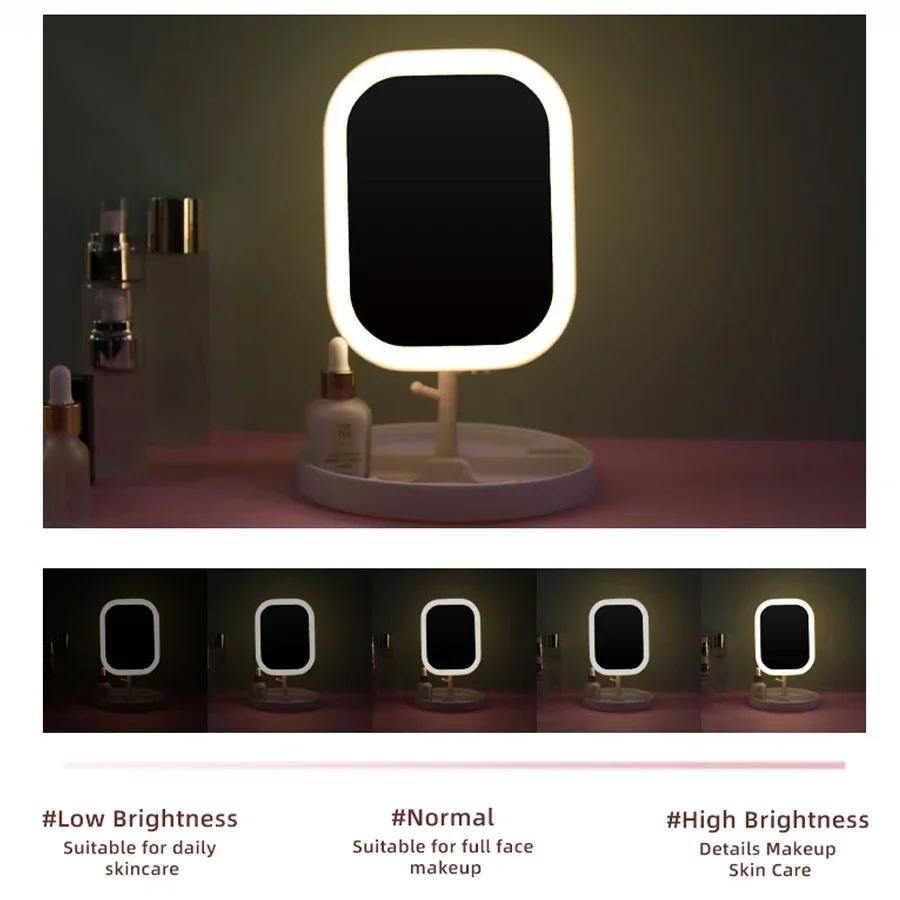 LED Light Makeup Mirror 3Color Light Source Portable USB Charging Beauty Makeup Fill Light Smart HD Desktop Folding INS Grooming