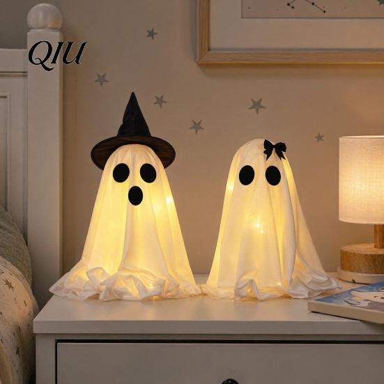 Seasonal Holiday Decor Halloween Ghost Decoration, Light-Up with Witch Hat/Bow, Party Supplies Spooky Standing for Porch Yard Outdoor Decoration