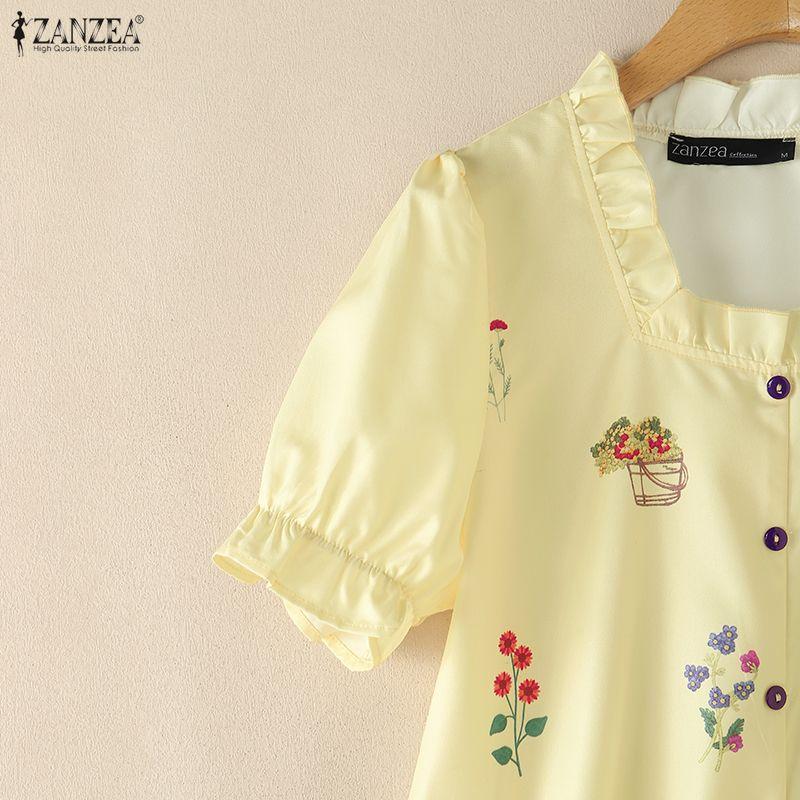 ZANZEA Women Casual Square Collar Loose Floral Prin Short Sleeve Blouse