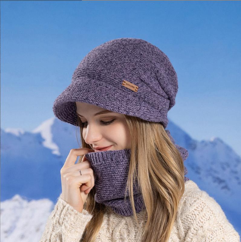 Conjunto de gorros cálidos, bufanda y gorro de invierno, gorro de punto cálido con protección contra el frío de terciopelo, conjunto de gorros de punto para mujer