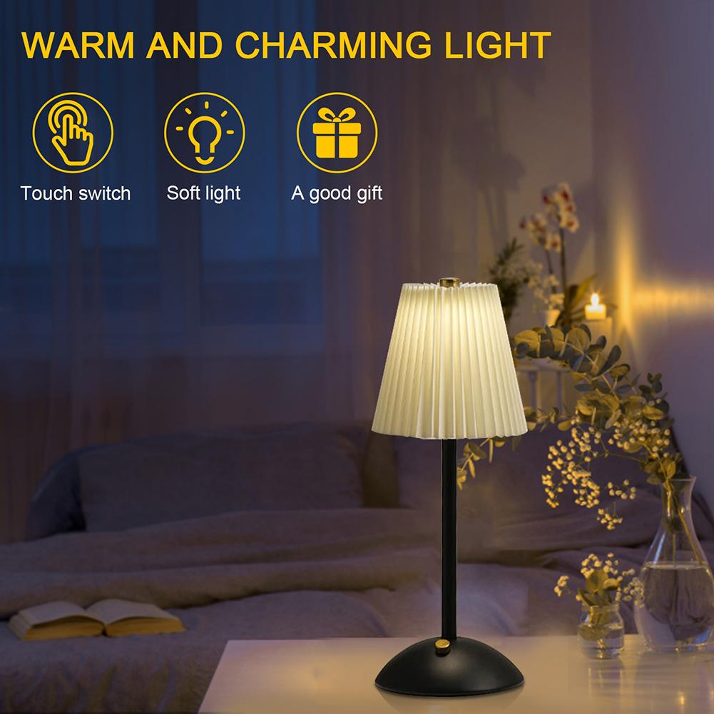 Pleated Shade Nightstand Lamp Soft Light Decorative Light with Metal Base Rechargeable for Living Room Bedroom